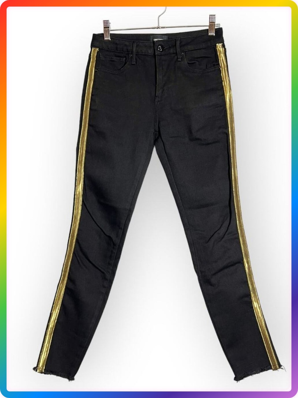 Driftwood Jackie High Rise Skinny Ankle Jeans SIZE 25x28 Black Gold Stripe Raw